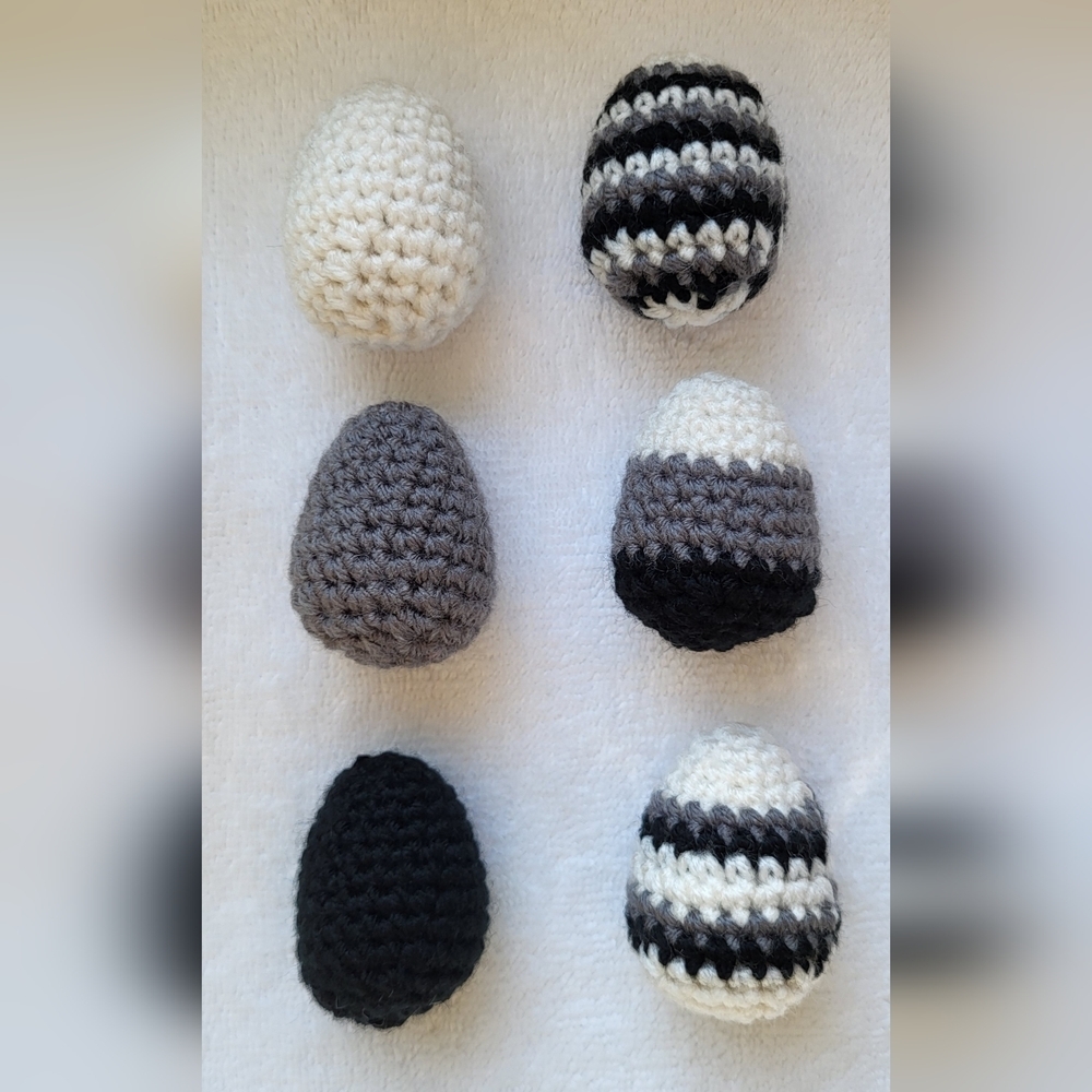 Crochet Eggs - Black Gray White - Set of Six - Handmade - Picture 2 of 4